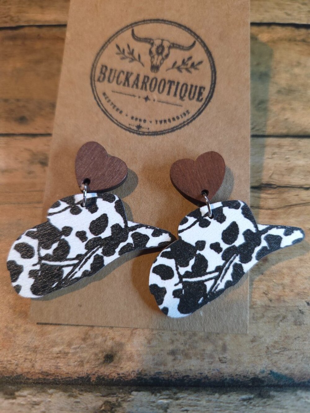 Cow Print Cowboy Hat Earrings Western Wooden Rodeo Dangle Jewelry